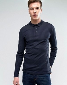 Облегающая футболка-поло в рубчик с длинными рукавами ASOS - Темно-синий