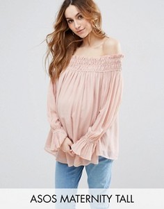 Присборенный топ с открытыми плечами ASOS Maternity TALL - Розовый