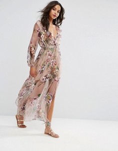 Платье макси с цветочным принтом и поясом Boohoo - Розовый