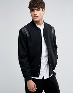 Бомбер с кожаной отделкой на плечах Selected Homme - Черный