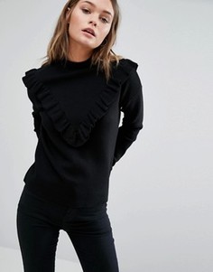 Вязаный джемпер с длинными рукавами и оборкой New Look - Черный