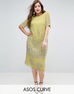Платье-футболка миди с золотистой отделкой ASOS CURVE - Желтый