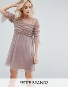 Плиссированное платье из сетки с оборками Miss Selfridge Petite - Розовый