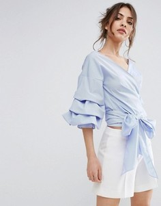 Укороченная свободная рубашка с оборками на рукавах PrettyLittleThing - Синий