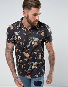 Свободное поло с отложным воротником и цветочным принтом ASOS - Черный
