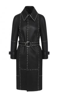 Кожаное пальто с поясом и металлическими заклепками Balenciaga