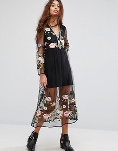 Платье с длинными рукавами и цветочной вышивкой Rd &amp; Koko - Черный