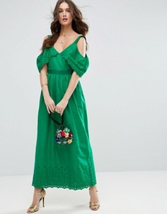 Платье макси с открытыми плечами и вышивкой ASOS - Зеленый