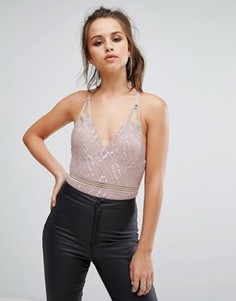 Кружевное боди PrettyLittleThing - Бежевый