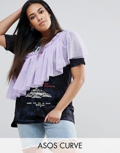 Футболка с выбеленным принтом и крупной оборкой ASOS CURVE - Мульти