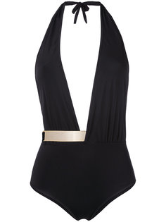 metallic trim halterneck plunge swimsuit Moeva