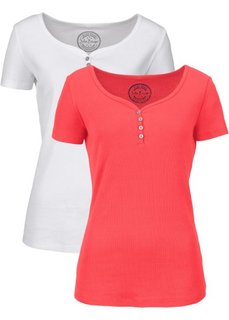 Футболка в резинку с коротким рукавом (2 шт.) (коралловый/белый) Bonprix