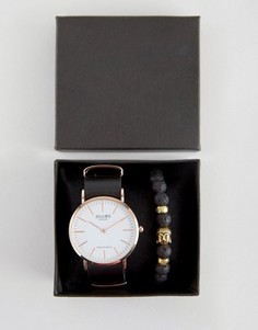 Часы с черным кожаным ремешком и браслет из бусин Reclaimed Vintage - Черный