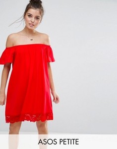 Платье с открытыми плечами и кружевным краем ASOS PETITE - Красный