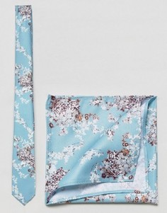 Голубой узкий галстук и платок для нагрудного кармана с цветочным принтом ASOS - Синий