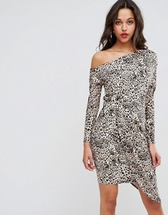 Платье на одно плечо с драпировкой и звериным принтом ASOS - Мульти