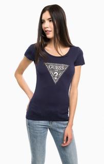 Синяя хлопковая футболка с принтом Guess