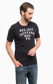 Синяя хлопковая футболка с контрастным принтом Mustang