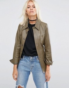 Кожаная куртка с поясом и декоративной строчкой ASOS - Зеленый