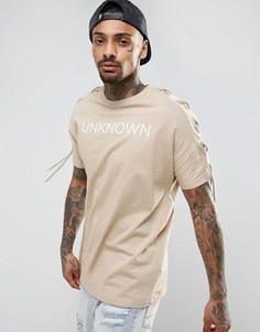 Oversize-футболка с принтом Unknown и шнуровкой на рукавах ASOS - Бежевый