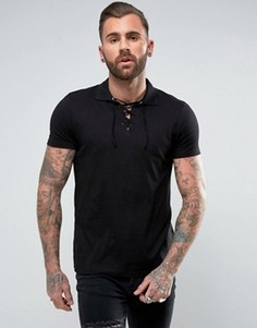 Черная футболка-поло со шнуровкой на вороте ASOS - Черный