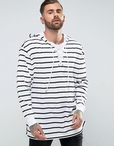 Oversize-лонгслив в полоску со шнуровкой и капюшоном ASOS - Белый