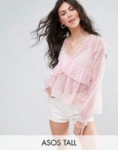 Свободная блузка из ткани добби с V-образным вырезом и оборками ASOS TALL - Розовый
