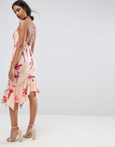 Платье миди из крепа с цветочным принтом и перекрестной отделкой на спине ASOS - Мульти