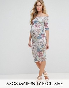 Платье с открытыми плечами, рукавами до локтя и цветочным принтом ASOS Maternity - Зеленый