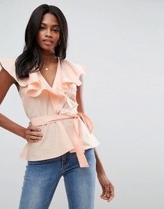 Хлопковая блузка с оборками и завязкой ASOS - Розовый
