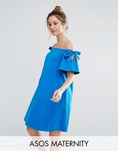 Платье с открытыми плечами и завязками на рукавах ASOS Maternity - Синий