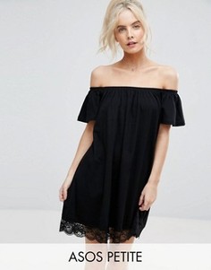 Платье мини с открытыми плечами и кружевным краем ASOS PETITE - Черный