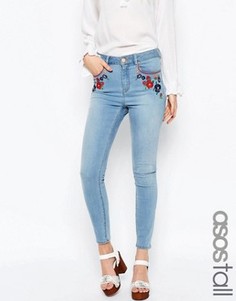 Джинсы скинни с высокой талией и вышивкой ASOS TALL Ridley Surf Wash - Синий