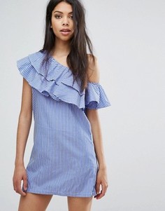 Цельнокройное платье на одно плечо с оборками Boohoo - Синий