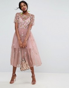 Свободное платье миди с декоративной отделкой ASOS - Бежевый