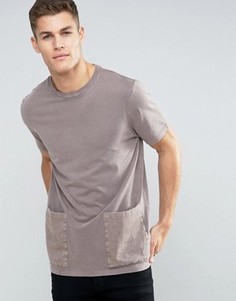 Выбеленная длинная футболка с накладными карманами ASOS - Коричневый