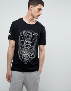 Удлиненная футболка с мистическим принтом и прорехами ASOS - Черный