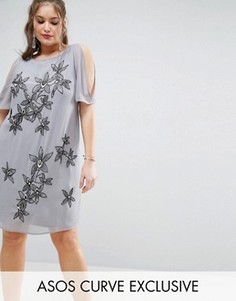 Свободное платье с цветочной отделкой и вырезами на плечах ASOS CURVE - Серый