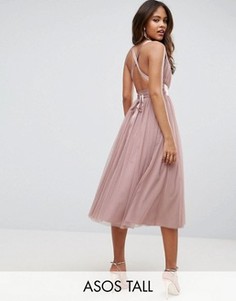 Платье миди для выпускного з тюля с лентой на завязке ASOS TALL - Розовый