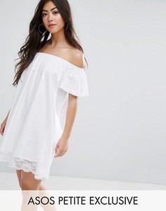Платье мини с открытыми плечами и кружевным краем ASOS PETITE - Белый