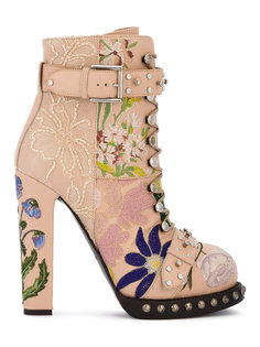 High Heeled Leather Floral Embroidered Bootie Alexander McQueen