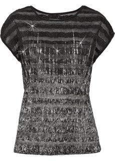 Плиссированная футболка с кружевом и металлическим отливом (черный/серебристый) Bonprix