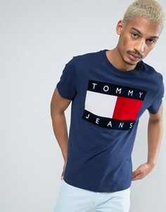 Темно-синяя футболка с логотипом из флока Tommy Jeans 90S M1 - Синий