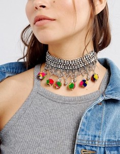 Короткое ожерелье с помпонами ASOS - Серебряный
