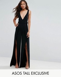 Комбинезон с глубоким вырезом и разрезами на широких штанинах ASOS TALL - Черный