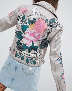 Кожаная куртка с принтом и заклепками ASOS Premium - Серый