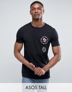 Свободная футболка с вышивкой на груди ASOS TALL - Черный