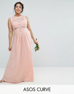 Плиссированное платье макси с кружевным лифом ASOS CURVE WEDDING - Розовый