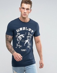 Удлиненная футболка с принтом ASOS - Темно-синий