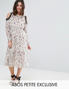 Платье миди с принтом и вырезами на плечах ASOS PETITE - Мульти